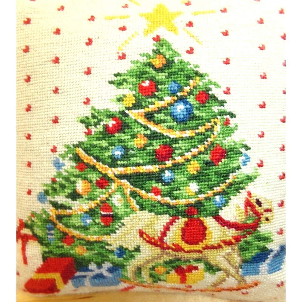 Lot of 2 Christmas Pillows Needlepoint & Folk Art Christmas Tree Naughty‎ List